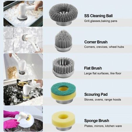 Electric Spin Scrubber Cordless Cleaning Brush 5 Heads for Bathroom Floor