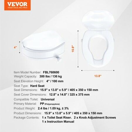 Raised Toilet Seat 100 mm Height Raised 136 kg Weight Capacity Universal Toilet Seat Riser Screw Rod Locking with Toilet Seat for Elderly Handicap Patient