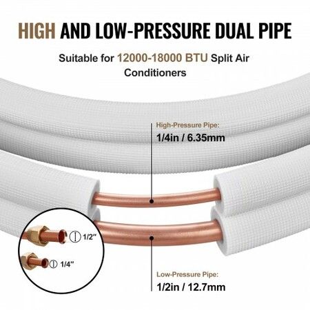 4876.8mm Mini Split Line Set 6.4 & 12.7mm O.D Copper Pipes Tubing and Triple-Layer Insulation for Air Conditioning or Heating Pump Equipment & HVAC