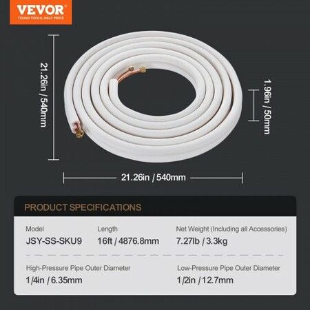 4876.8mm Mini Split Line Set 6.4 & 12.7mm O.D Copper Pipes Tubing and Triple-Layer Insulation for Air Conditioning or Heating Pump Equipment & HVAC