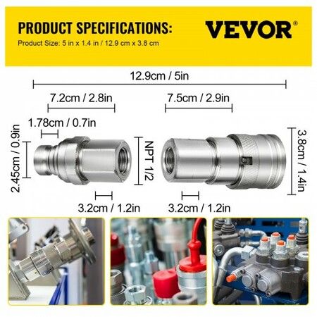 Flat Face Hydraulic Couplers Skid Steer Quick Coupling 1/2" Body 1/2" NPT