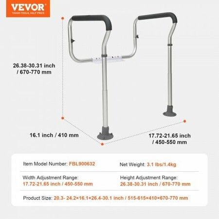 Toilet Safety Rail Bathroom Toilet Seat Frame Adjustable Width & Height Fit Most Toilets Supports 136 kg Toilet Handles Grab Bars with Padded Armrests