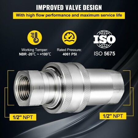 Flat Face Hydraulic Couplers 1/2 inch Body 1/2 inch NPT Thread Skid Steer Quick Connect Couplings 4061 PSI Hydraulic Fittings 2 Sets Hydraulic Couplers