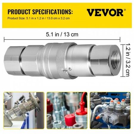 Flat Face Hydraulic Couplers 1/2 inch Body 1/2 inch NPT Thread Skid Steer Quick Connect Couplings 4061 PSI Hydraulic Fittings 2 Sets Hydraulic Couplers