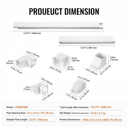 Mini Split Line Set Cover 76.2mm W 4830mm L PVC Decorative Pipe Line Cover For Air Conditioner with 4 Straight Ducts & Full Components Paintable