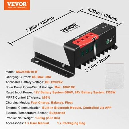 50A MPPT Solar Charge Controller Auto DC Input Solar Panel Regulator Charger with Bluetooth Module 98% Charging Efficiency