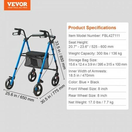 Rollator Walker for Seniors and  Lightweight Aluminum Foldable Rolling Walker with Adjustable Seat and Handle Outdoor Mobility Rollator Walker