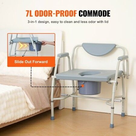 Commode Chair Bedside Commode with Drop-Down Arms and Detachable Backrest 5-Level Adjustable Height 7L Removable Bucket 1000LBS Capacity Portable Toilet