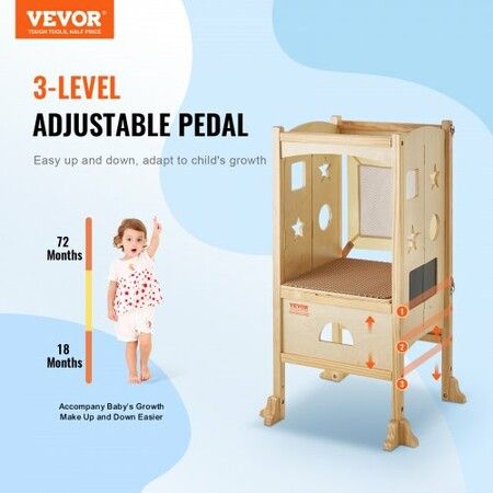 Tower Step Stool for Kids and Toddlers Foldable Toddler Kitchen Stool Helper with 3-Level Adjustable Height & Safety Net Natural Solid Wood Standing