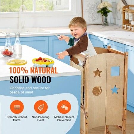 Tower Step Stool for Kids and Toddlers Foldable Toddler Kitchen Stool Helper with 3-Level Adjustable Height & Safety Net Natural Solid Wood Standing