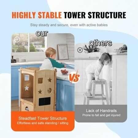 Tower Step Stool for Kids and Toddlers Foldable Toddler Kitchen Stool Helper with 3-Level Adjustable Height & Safety Net Natural Solid Wood Standing