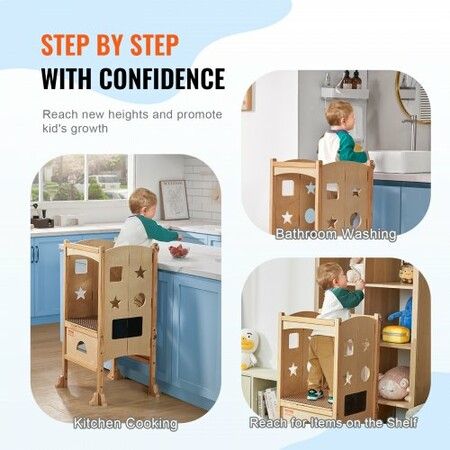 Tower Step Stool for Kids and Toddlers Foldable Toddler Kitchen Stool Helper with 3-Level Adjustable Height & Safety Net Natural Solid Wood Standing