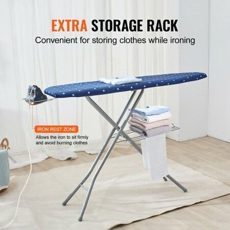 Ironing Board with Bottom Storage Tray Thickened 4 Layers Iron Board with Heat Resistant Cover and 100% Cotton Cover 10 Adjustable Heights Ironing Board