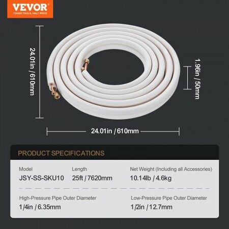 25FT Mini Split Line Set 6.4 & 12.7mm O.D Copper Pipes Tubing and Triple-Layer Insulation for Air Conditioning or Heating Pump Equipment & HVAC