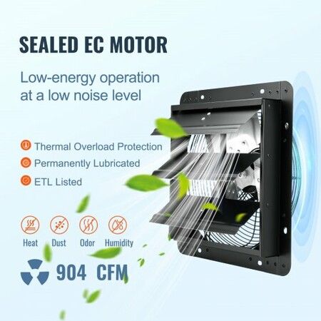 Shutter Exhaust Fan 305mm /12inch w/ Temperature Humidity Controller EC-motor 904 CFM Variable Speed Adjustable Wall Mount Attic Fan Ventilation & Cooling