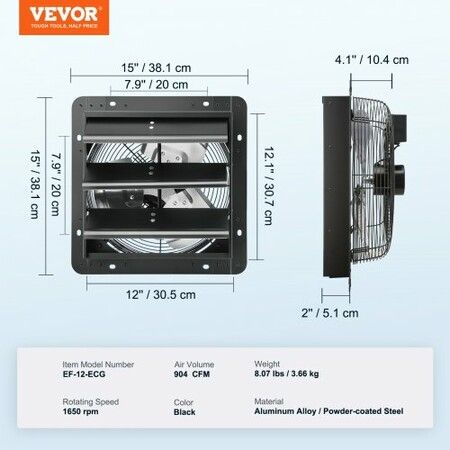 Shutter Exhaust Fan 305mm /12inch w/ Temperature Humidity Controller EC-motor 904 CFM Variable Speed Adjustable Wall Mount Attic Fan Ventilation & Cooling