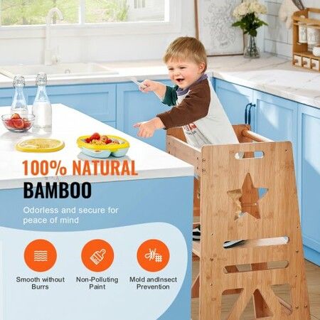 Tower Step Stool for Kids and Toddlers 3-Level Height Adjustable Toddler Kitchen Stool Helper Bamboo Standing Tower Learning Stool with Safety Rail 350LBS