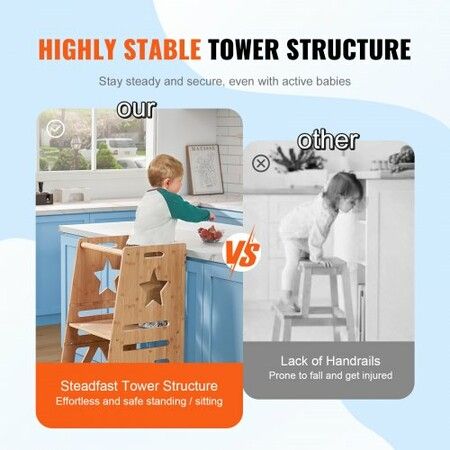 Tower Step Stool for Kids and Toddlers 3-Level Height Adjustable Toddler Kitchen Stool Helper Bamboo Standing Tower Learning Stool with Safety Rail 350LBS