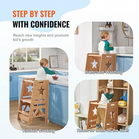 Tower Step Stool for Kids and Toddlers 3-Level Height Adjustable Toddler Kitchen Stool Helper Bamboo Standing Tower Learning Stool with Safety Rail 350LBS