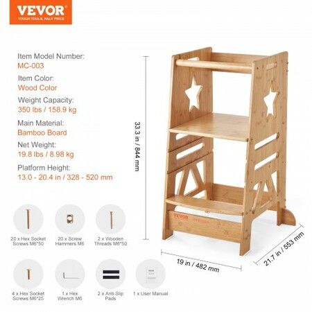 Tower Step Stool for Kids and Toddlers 3-Level Height Adjustable Toddler Kitchen Stool Helper Bamboo Standing Tower Learning Stool with Safety Rail 350LBS