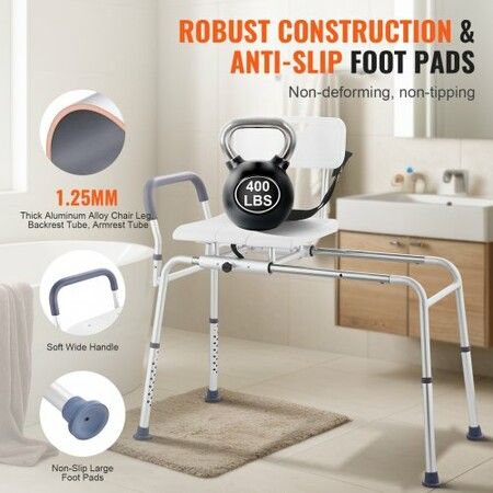 Sliding Tub Transfer Bench Shower Chair & Cut-Out Seat Reversible Backrest