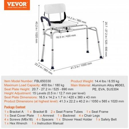 Sliding Tub Transfer Bench Shower Chair & Cut-Out Seat Reversible Backrest