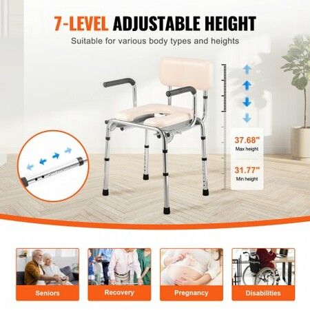 Commode Chair Bedside Commode with Padded Seat Drop-Down Arms 7-Level Adjustable Height 5.8L Removable Bucket 350LBS Capacity Portable Toilet