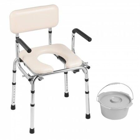 Commode Chair Bedside Commode with Padded Seat Drop-Down Arms 7-Level Adjustable Height 5.8L Removable Bucket 350LBS Capacity Portable Toilet