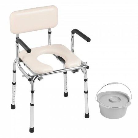 Commode Chair Bedside Commode with Padded Seat Drop-Down Arms 7-Level Adjustable Height 5.8L Removable Bucket 350LBS Capacity Portable Toilet