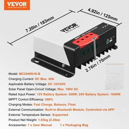 40A MPPT Solar Charge Controller Auto DC Input Solar Panel Regulator Charger with Bluetooth Module 98% Charging Efficiency