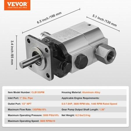 Hydraulic Log Splitter Pump 13GPM 2 Stage 3000PSI Wood Log Splitter Pump 1'' Inlet 1/2'' NPT Outlet 3600 RPM Aluminum Hydraulic Gear Pump