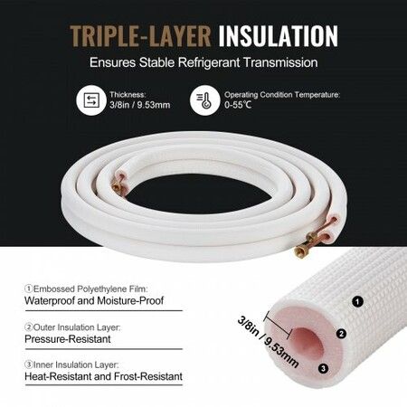 7620mm Mini Split Line Set 6.4 & 9.5 O.D Copper Pipes Tubing and Triple-Layer Insulation for Air Conditioning or Heating Pump Equipment & HVAC