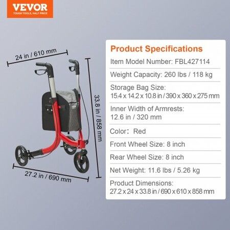 3 Wheels Rollator Walker for Seniors Lightweight Aluminum Foldable Rolling Walker with Adjustable Handle Outdoor Trio Mobility Walker