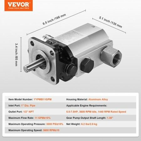 Hydraulic Log Splitter Pump 11GPM 2 Stage 3000PSI Wood Log Splitter Pump 1'' Inlet 1/2'' NPT Outlet 3600 RPM Aluminum Hydraulic Gear Pump