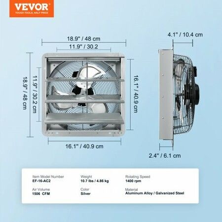 Shutter Exhaust Fan 406 mm High-speed 1400RPM 1506 CFM Aluminum Wall Mount Attic Fan w/ AC-motor Ventilation & Cooling for Greenhouses Garages Sheds Shops