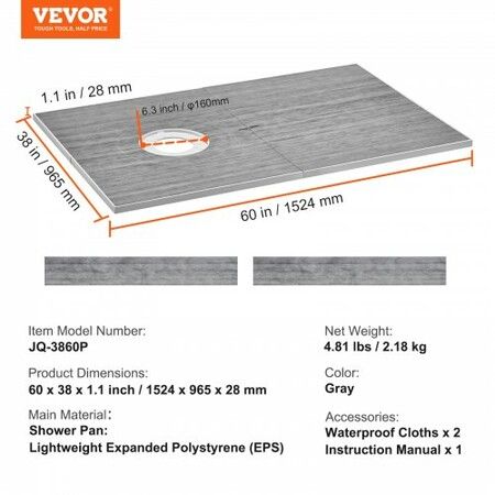 Shower Curb Kit 1524x965mm Shower Pan Kit w/ 160mm Offset Drain Lightweight EPS Shower Installation Kits w/ 2 Waterproof Cloths Shower Pan Slope Sticks Fit