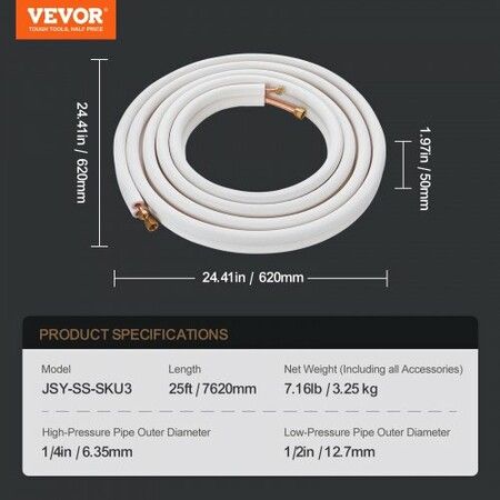 7620mm Mini Split Line Set 6.4 & 12.7mm O.D Copper Pipes Tubing and Triple-Layer Insulation for Mini Split Air Conditioning Refrigerant or Heating Pump