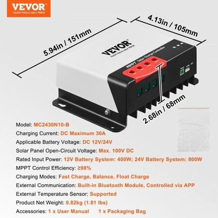 30A MPPT Solar Charge Controller Auto DC Input Solar Panel Regulator Charger with Bluetooth Module 98% Charging Efficiency