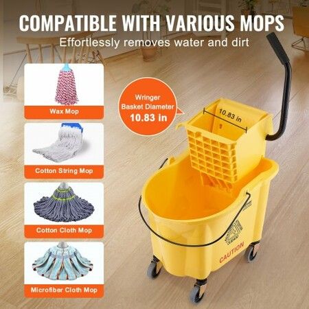 Mop Bucket with Wringer 35 Qt. Commercial Mop Bucket with Side Press Wringer Side-Press Mop Bucket and Wringer Combo on Wheels for Floor Cleaning Yellow