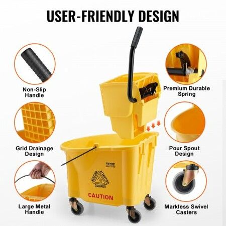 Mop Bucket with Wringer 35 Qt. Commercial Mop Bucket with Side Press Wringer Side-Press Mop Bucket and Wringer Combo on Wheels for Floor Cleaning Yellow