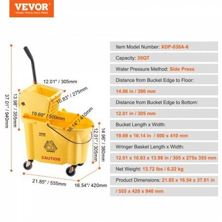 Mop Bucket with Wringer 35 Qt. Commercial Mop Bucket with Side Press Wringer Side-Press Mop Bucket and Wringer Combo on Wheels for Floor Cleaning Yellow