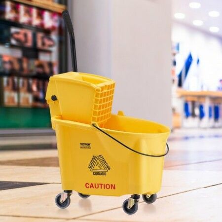 Mop Bucket with Wringer 35 Qt. Commercial Mop Bucket with Side Press Wringer Side-Press Mop Bucket and Wringer Combo on Wheels for Floor Cleaning Yellow