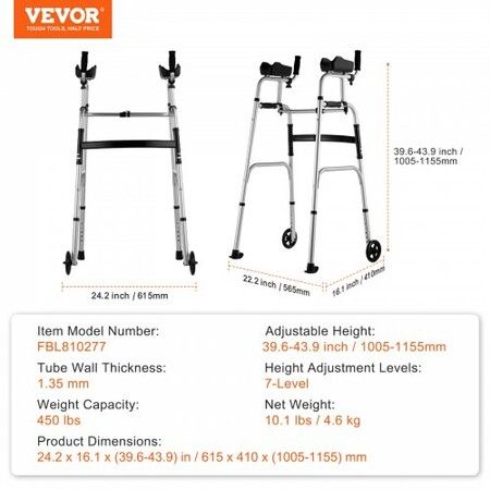 2 in 1 Folding Walker with Armrest Pads & 5" Solid Wheel Height Adjustable