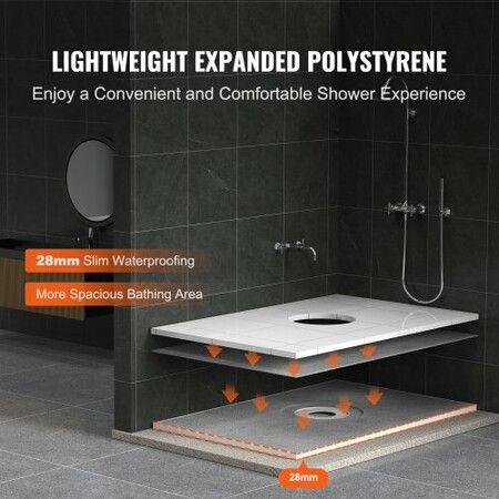 Shower Curb Kit 1524x965mm Shower Pan Kit with 160mm Central Drain Lightweight EPS Shower Installation Kits with 2 Waterproof Cloths Shower Pan Slope