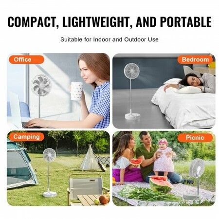 12 Inch Foldable Oscillating Standing Fan with Remote Control 4 Speed Adjustable Portable Desk Quiet Fan 7200mah Rechargeable USB Small Fan Folded Rotating