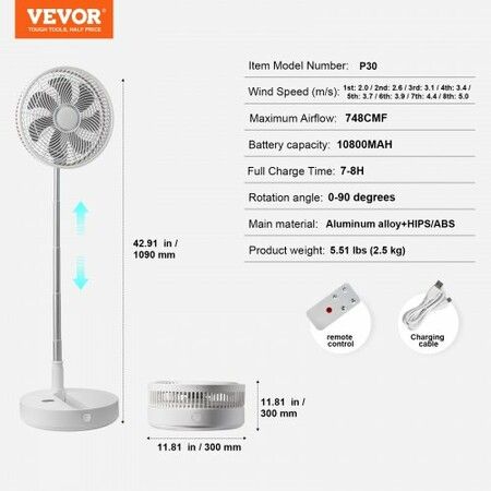 12 Inch Foldable Oscillating Standing Fan with Remote Control 4 Speed Adjustable Portable Desk Quiet Fan 7200mah Rechargeable USB Small Fan Folded Rotating