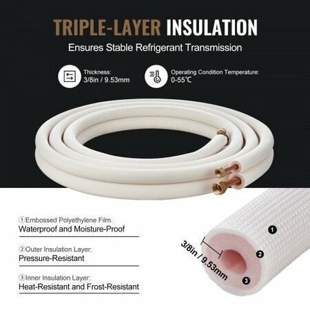 4876.8mm Mini Split Line Set 9.5 & 15.9mm O.D Copper Pipes Tubing and Triple-Layer Insulation for Air Conditioning or Heating Pump Equipment & HVAC