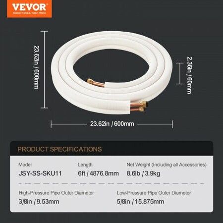 4876.8mm Mini Split Line Set 9.5 & 15.9mm O.D Copper Pipes Tubing and Triple-Layer Insulation for Air Conditioning or Heating Pump Equipment & HVAC