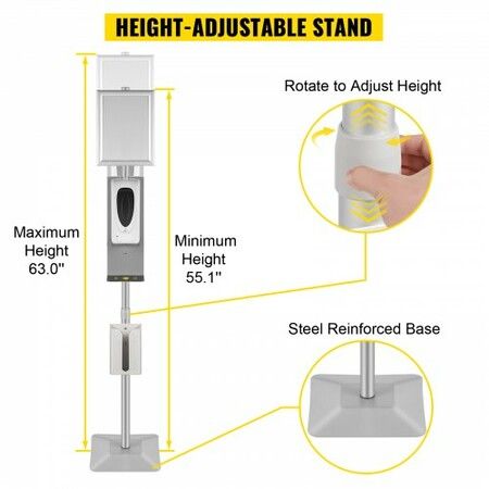 Automatic Hand Dispenser w/ Stand Infrared Sensing Sanitizing Station w/ Signboard & Tissue Box 1000mL Hand Sanitizer Dispenser 55''-63'' H