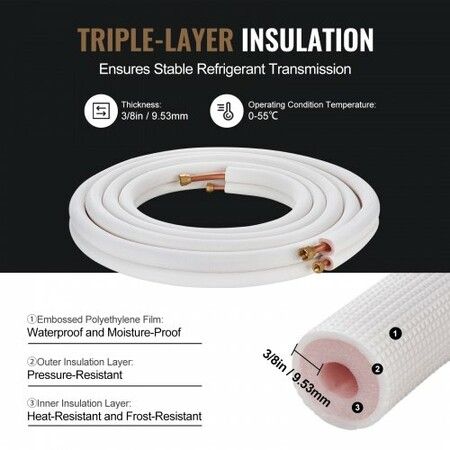 7620mm Mini Split Line Set 6.4 & 9.5mm O.D Copper Pipes Tubing and Triple-Layer Insulation